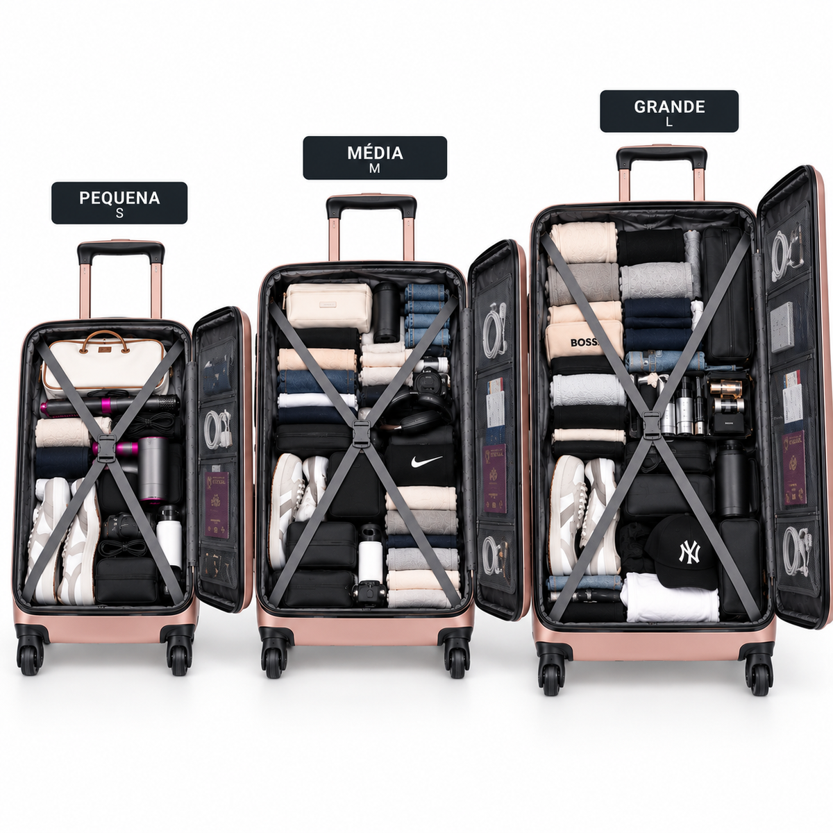 Conjunto de 3 Malas + Mala de Cosméticos em ABS Rodas Silenciosas fechadura numérica