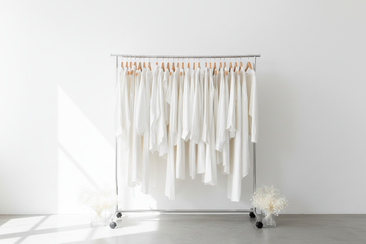 Vara de roupas com peças brancas
